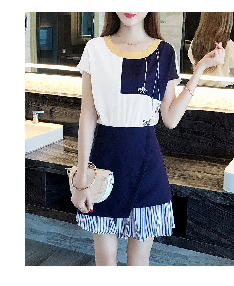 韩版撞色拼接不规则连衣裙女夏套装裙两件套显