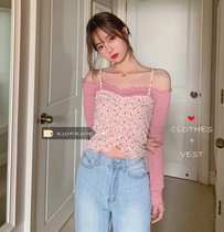Outer wear short wrinkled floral small suspenders top women in summer wear thin sleeveless heart machine base shirt vest tide