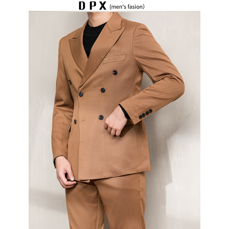 Horizon Men's Clothing Autumn Winter West Suit Suit Caramel Color Retro Pure Color Two Suits Jacket Tide Business Pence