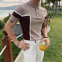 Summer style mens casual short sleeve knitted polo shirt Contrast color British slim lapel T-shirt