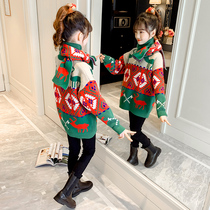 Girl Sweater 2022 new winter clothes thickening children Christmas knitted girl in the gas
