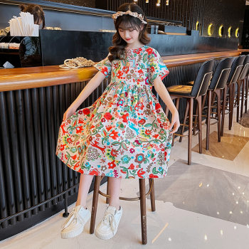 Girls dress summer dress 2023 new children's cotton short-sleeved skirt summer loose girl floral princess dress