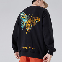 butterfly embroidered long sleeve round neck fleece thick sweatshirt men port style street hip hop ins trendy all match couple outfit