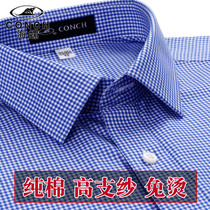 Conch shirt mens long sleeve cotton blue plaid iron-free anti-wrinkle middle-aged business leisure cotton shirt autumn