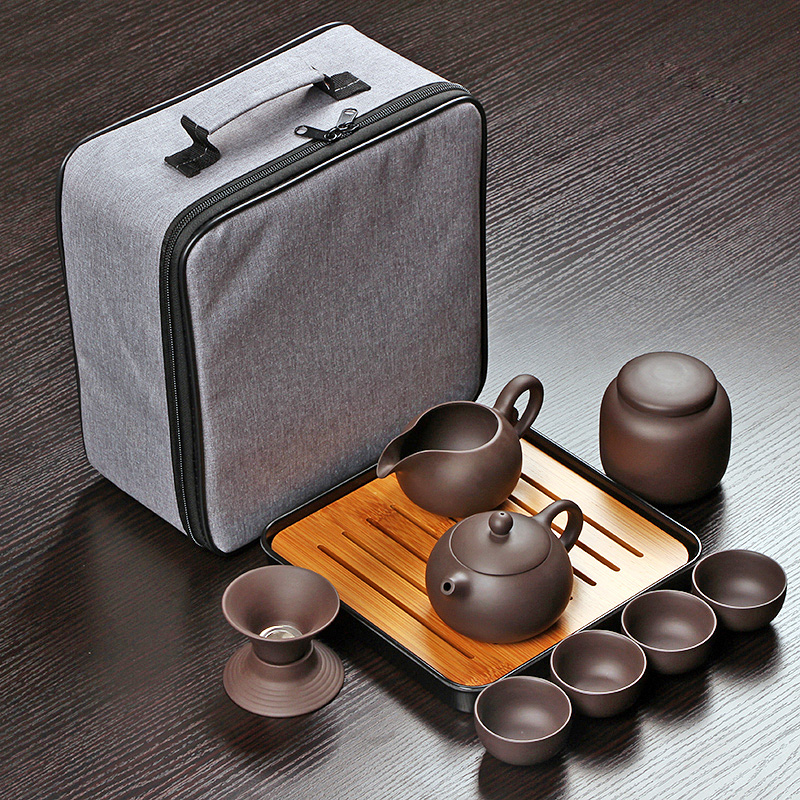 紫砂旅行茶具套裝便攜式包車載旅遊一壺四杯小套茶杯泡茶功夫茶盤