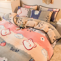 Short fluff milk velvet winter thickened coral velvet four-piece cartoon double-sided flange plus velvet bed bed sheets quilt cover