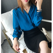 BLUELUCK blue fashion house high cold peacock blue shirt female design sense fashion shirt silk##