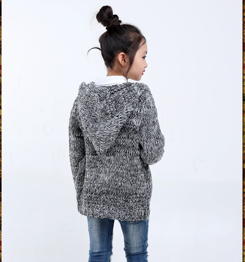 童装女童羊毛开衫外套新款2017秋冬儿童单排扣粗毛线毛衣连帽大衣
