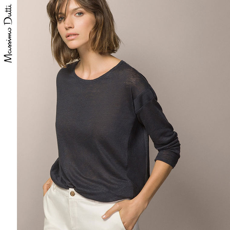 Massimo Dutti 女装 侧滚边亚麻 T 恤 06848723401