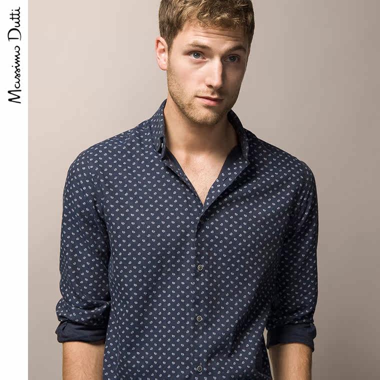 Massimo Dutti 男装 全棉开士米印花人字斜纹衬衫 00143383400