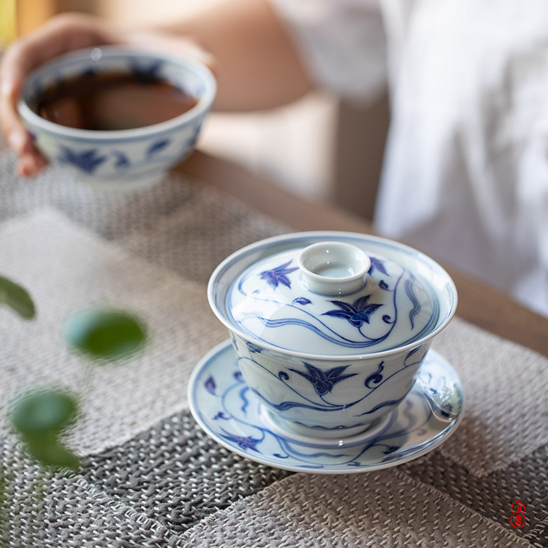 Jingdezhen blue and white day lilies Qin Qiuyan lines only three tureen high - end tea tureen single cup bowl