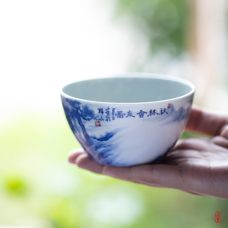 Xiao qiu Lin bamboo up members figure of jingdezhen blue and white master single hand - made ceramic cups cup kung fu tea set
