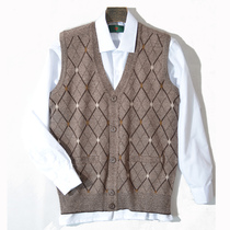 Middle-aged spring and autumn plaid vest vest sweater Dad V-neck wool cardigan waistcoat old man sweater