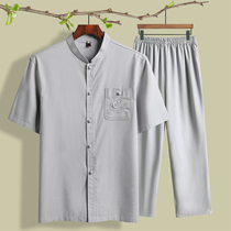 Middle-aged and elderly Tang suit mens short-sleeved suit shirt Silk cotton Hanfu Dad summer Chinese style Grandpa summer dress