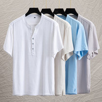 Middle-aged linen short-sleeved T-shirt loose Chinese style grandpa summer dress mens national style cotton and hemp dad top