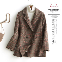 Double-sided cashmere coat womens short high-end 100 pure wool early spring Curry blazer chic plaid Nezi