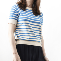 Elegant beige navy striped cotton knit womens round neck short sleeve T-shirt blouse in summer