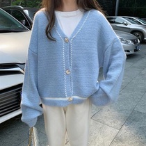 Blue gentle wind knitted sweater 2021 new loose outer wear sweet lazy wind sweater coat