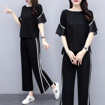 Large size womens two-piece set 2021 new fat mm summer dress foreign fat sister thin belly cover belly wide leg pants