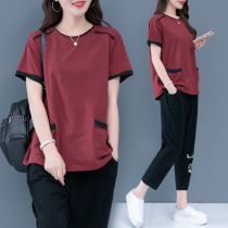 Large size womens two-piece set fat mm2021 New Summer Sports Leisure Age-reducing foreign atmosphere belly coat top