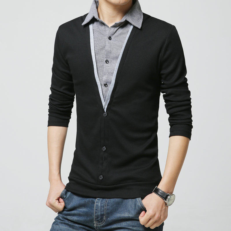 加绒加厚男士宽松大码衬衫领t恤长袖男青年打底衫套头t恤假俩件装