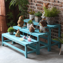 Outdoor Garden Florist Shelves Triple Split Solid Wood Flowers Shelf Multi-Meat Shelving Ladder High and low shelf Composition Do the old