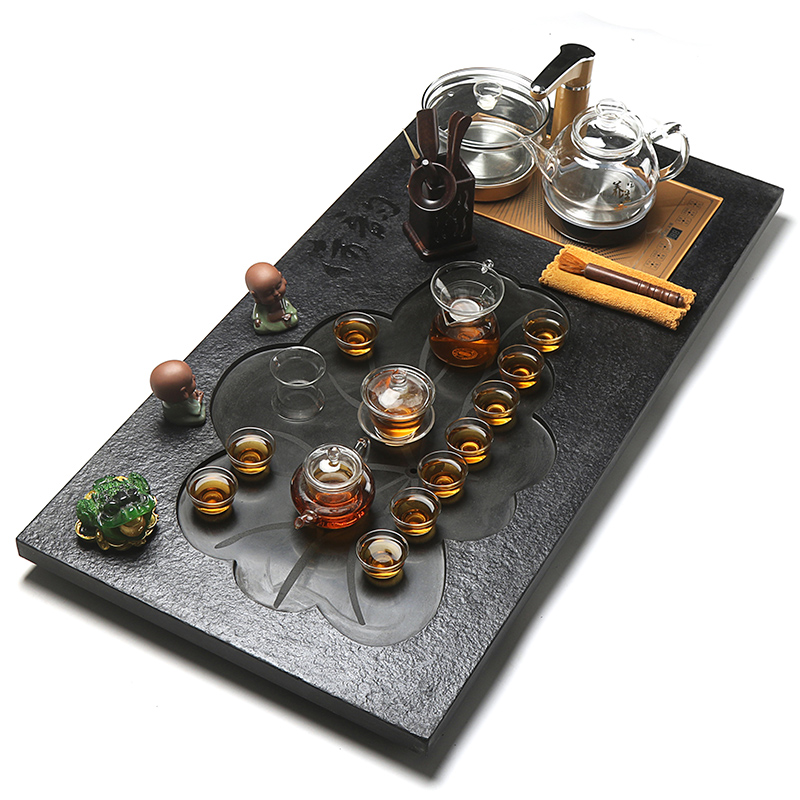 True to sharply stone tea tray tea suit household whole tea four unity induction cooker glass automatic kung fu