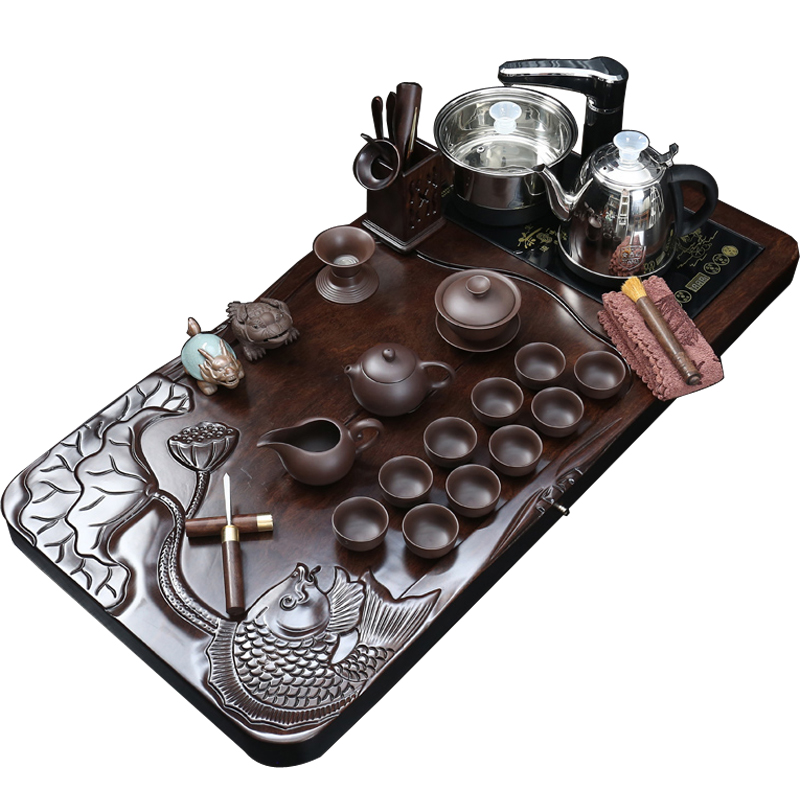 True sheng ebony wood tea tray tea set kung fu tea cups home a complete set of automatic teapot tea taking