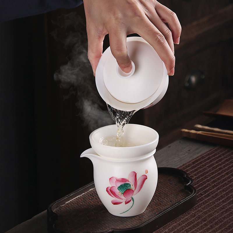 True cheng dehua white light suet jade hand gift kung fu tea white porcelain tea set a complete set of the teapot tea cup