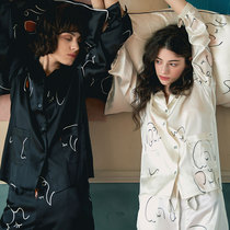 NOTJUSTPAJAMA silk pajamas women's autumn and winter new year printed mulberry silk long sleeve household clothing two-piece set