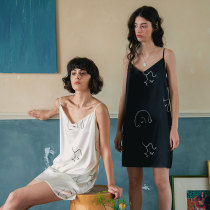 NOTJUSTPAJAMA silk nightgown women's autumn and winter sexy printing high grade silk suspender skirt pajamas home clothing