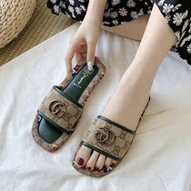 Lined slippers female outside wearing net red square head fashion 100 hitch 2021 Summer flat-bottomed non-slip soft bottom beach sandals