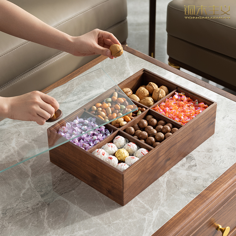 Copper Wood Main Yie Black Walnuts Solid Wood Candy Box Dry Fruit Pan Snack Box Home Woody Living Room Moisture-Proof Light Lavish Tray-Taobao