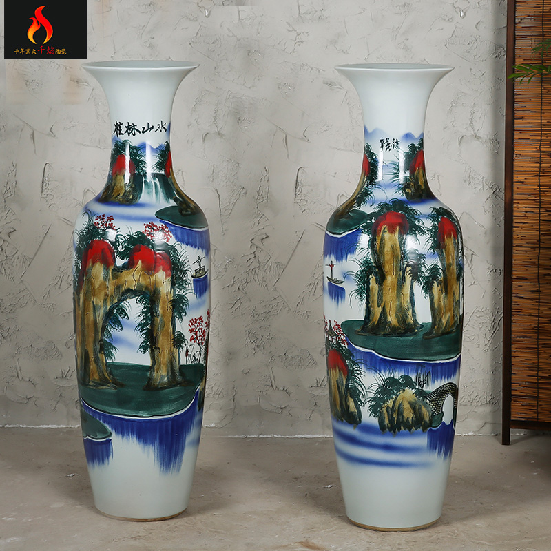 Jingdezhen ceramics landing a large vase hand color variable guilin landscape picture Chinese style living room decoration