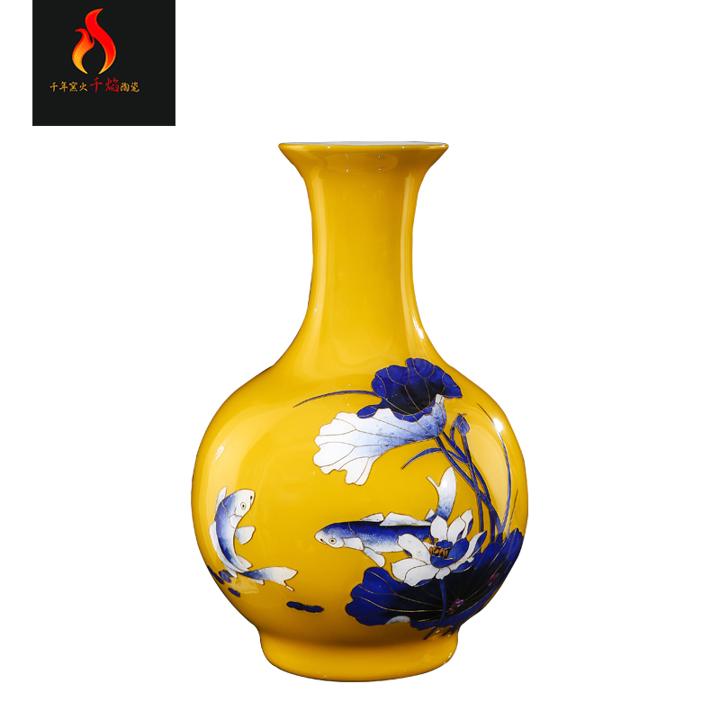 Jingdezhen ceramics vase high - grade yellow Jin Sibian years of modern Chinese style sitting room adornment is placed more fish