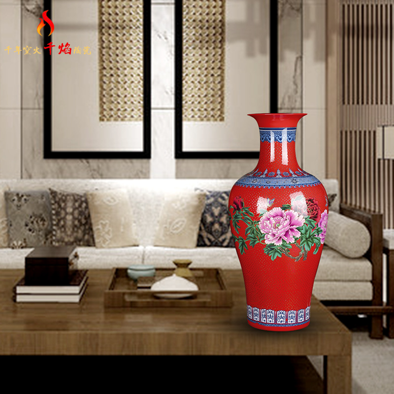 Jingdezhen ceramic fish of new Chinese style household vase red pearl glaze peony flower arrangement sitting room TV ark, furnishing articles