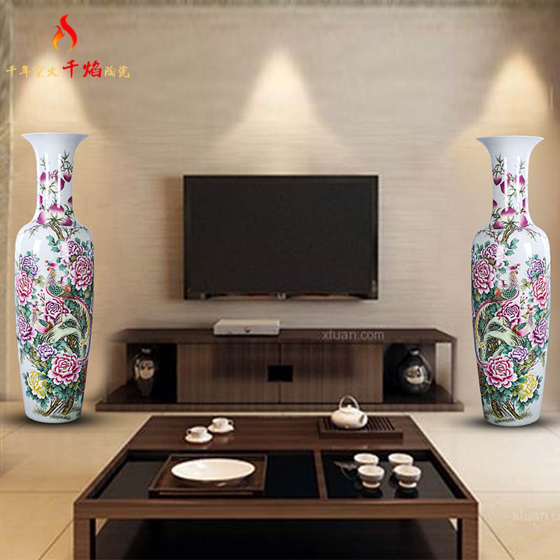 Jingdezhen ceramics landing large hand pastel phoenix peony Chinese porcelain vase sitting room adornment is placed