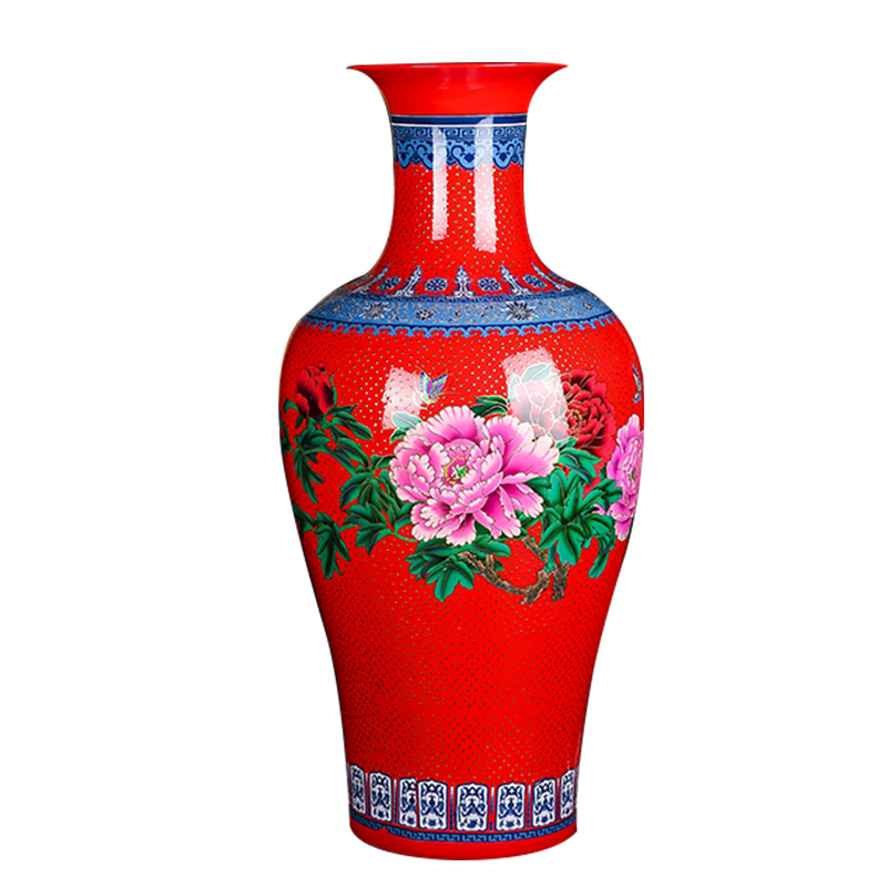 Jingdezhen ceramics vase pearl glaze red peony golden figure of new Chinese style home sitting room adornment is placed