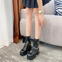 Thick bottom Martin boots Women Inn Wind Style Locomotive Short Boots 2021 Black Heightening Coarse Heel Lace Spring Autumn Single Boots