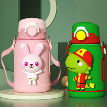 Childrens thermos cup with straw dual-purpose primary school boys portable water cup kettle kindergarten cartoon sippy cup
