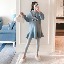 Pregnant women dress autumn fashion Korean version of long fish tail skirt pregnancy cartoon long sleeve skirt casual tide mother