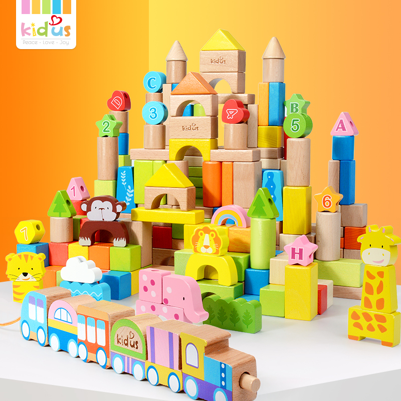kidus儿童木头积木拼装玩具益智1-3-6岁男女孩实木木质可啃咬桶装