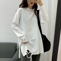 Long style beat bottom t-shirt female cover butt 200 catty open fork breaking hole beating undershirt woman autummy winter plus suede warm blouse