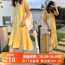 Pregnant women dress summer tide mother wear Foreign Air age reduction lemon yellow late pregnancy knitted knee long dress maternity dress