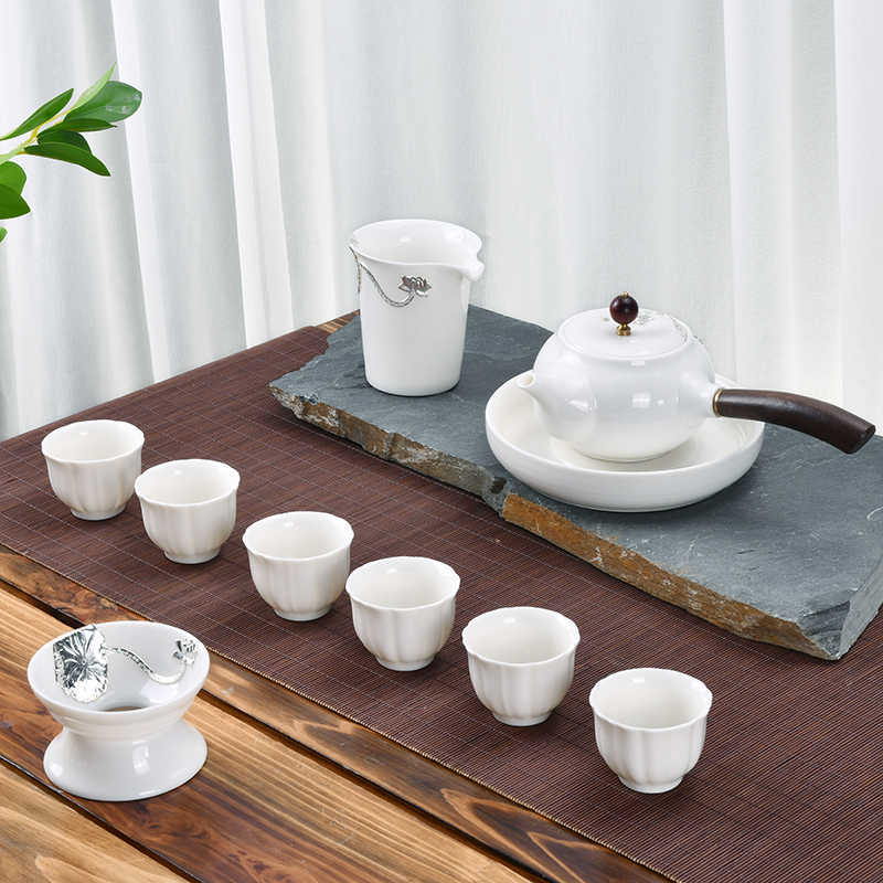 Xu dehua white porcelain ink suet jade inlay silver tea set household contracted ceramic office kung fu tea cups