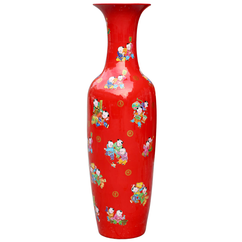Jingdezhen ceramics figure baby play Chinese red large vases, home furnishing articles sitting room of Chinese style wedding decorations