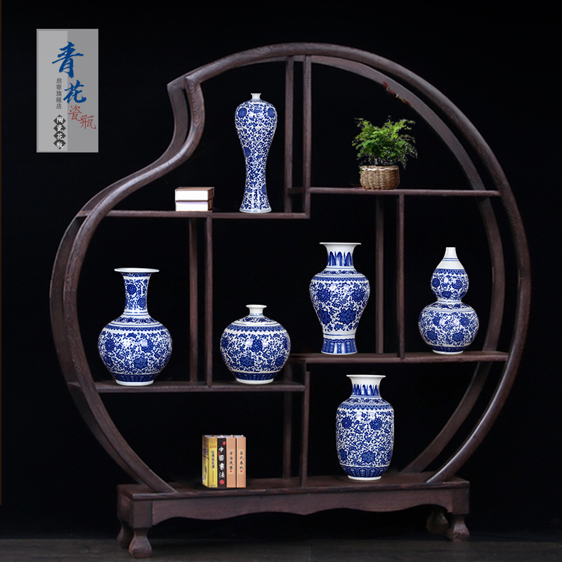 Blue and white porcelain of jingdezhen ceramics vase archaize sitting room rich ancient frame ceramic decoration of Chinese style household furnishing articles