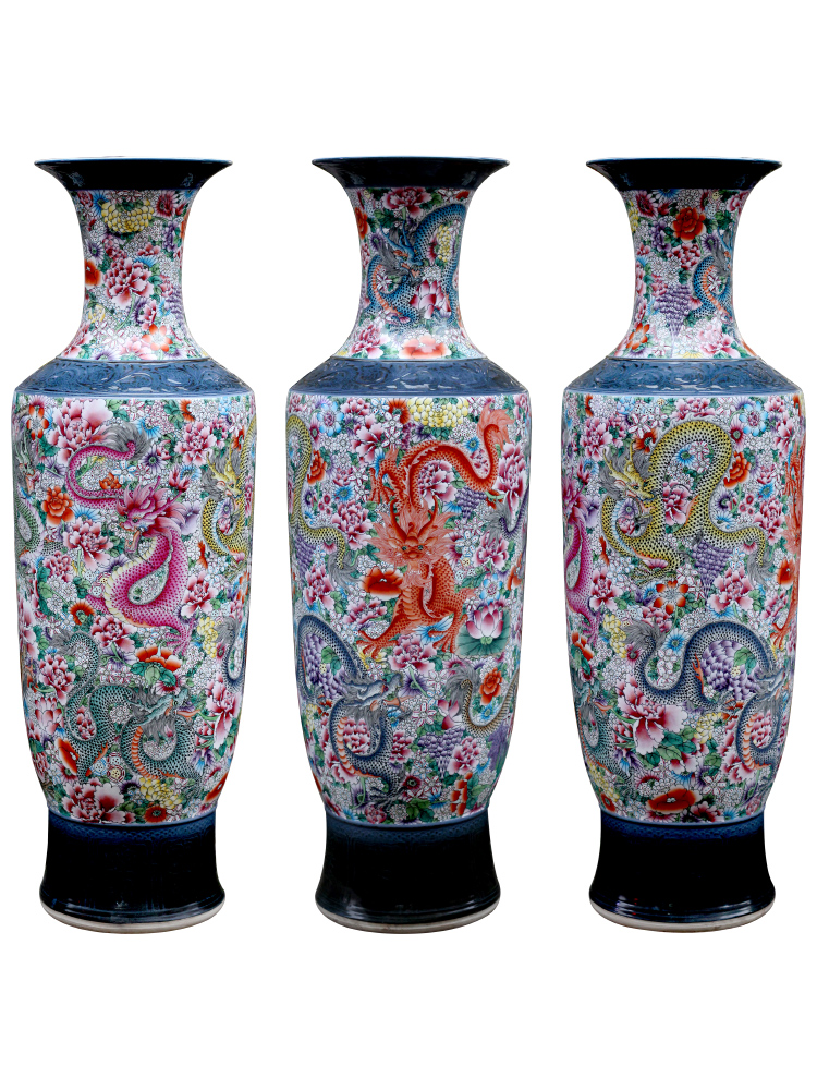 Jingdezhen hand - made big famille rose porcelain vase dragon large sitting room ground hotel furnishing articles porcelain gifts