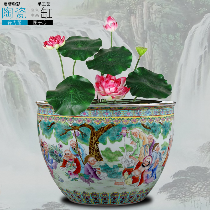 Jingdezhen chinaware lotus bowl lotus tortoise cylinder painting and calligraphy calligraphy and painting scroll feng shui plutus daikin cylinder aquarium