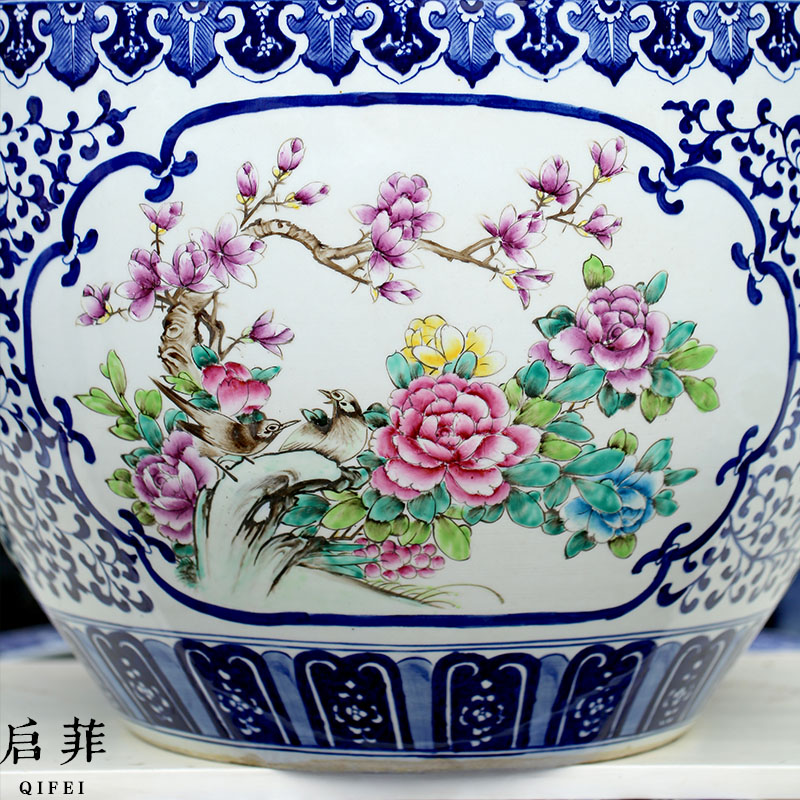 Jingdezhen blue and white porcelain figure goldfish bowl aquarium hand - made powder enamel tortoise cylinder lotus garden floor furnishing articles